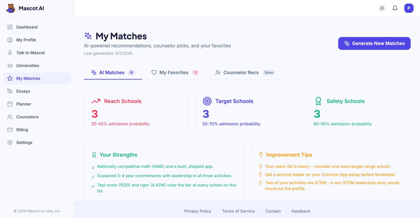 Mascot AI matches split into reach, target, and safety schools